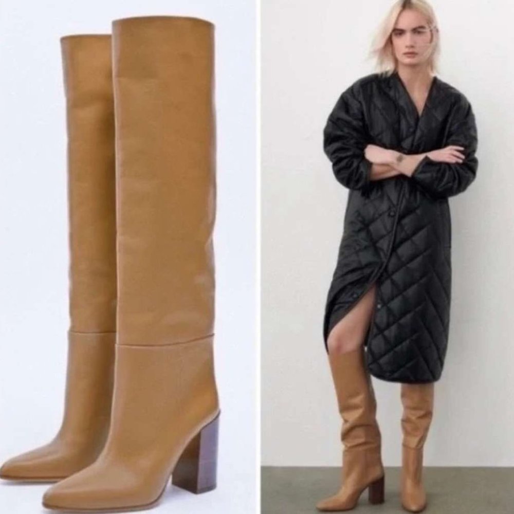 ZARA Tan Heeled Knee High Leather Boots Size W9